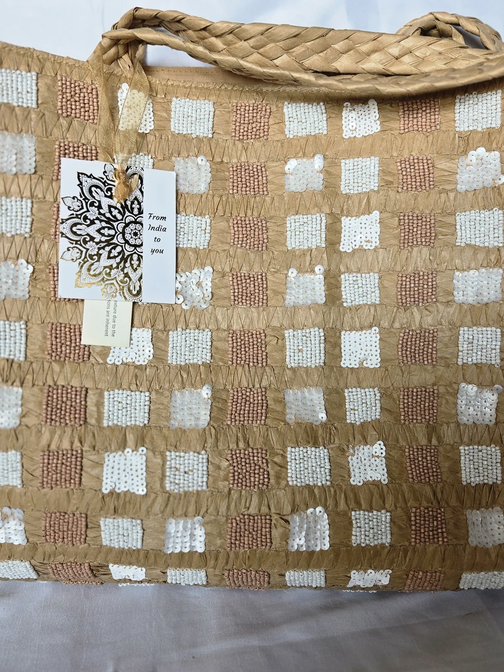 Handwoven Sequin Check Tote in White & Tan
